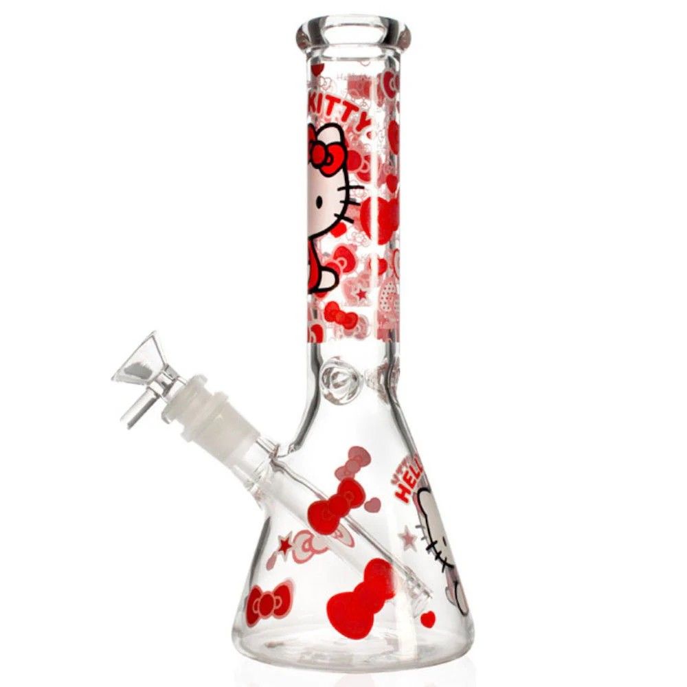 Hello Kitty 10&quot; Beaker Bong | 5mm Thick Glass Water Pipe, Pattern: A. Pink Bows