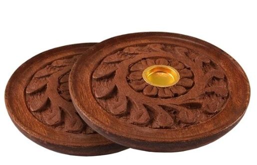 Round Carved Wood Incense Holder