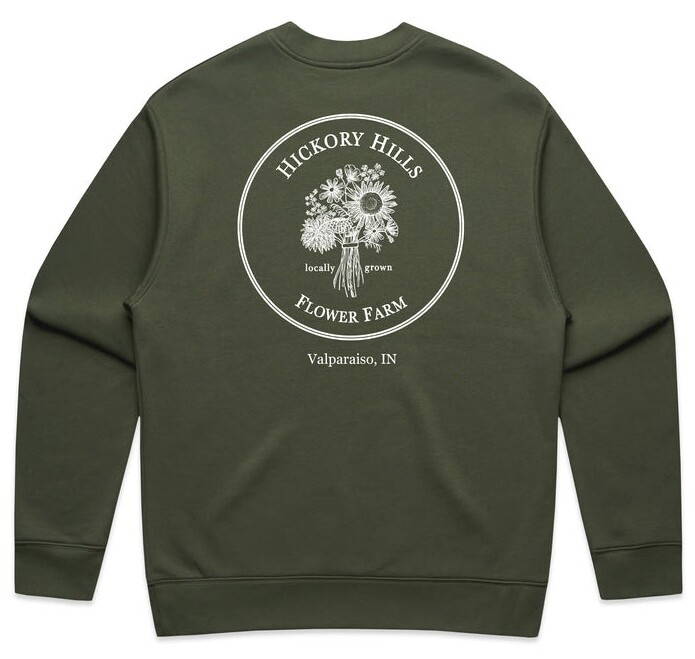 Hickory Hills Flower Farm crewneck sweatshirt tan with logo in white 