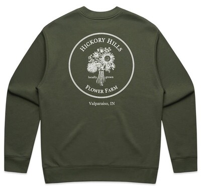 Hickory Hills Flower Farm crewneck sweatshirt tan with logo in white 