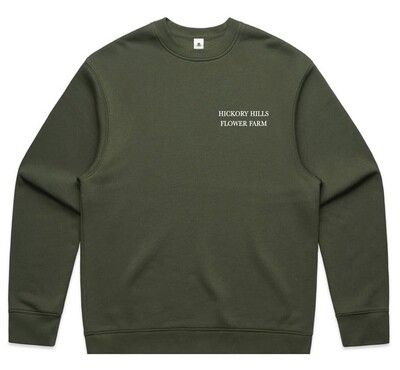Hickory Hills Flower Farm crewneck sweatshirt tan with logo in white 