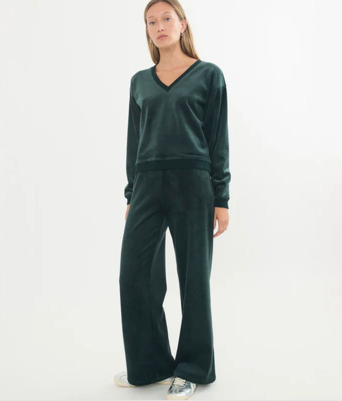 Velour Corduroy Wide Leg Pant-Green Gables