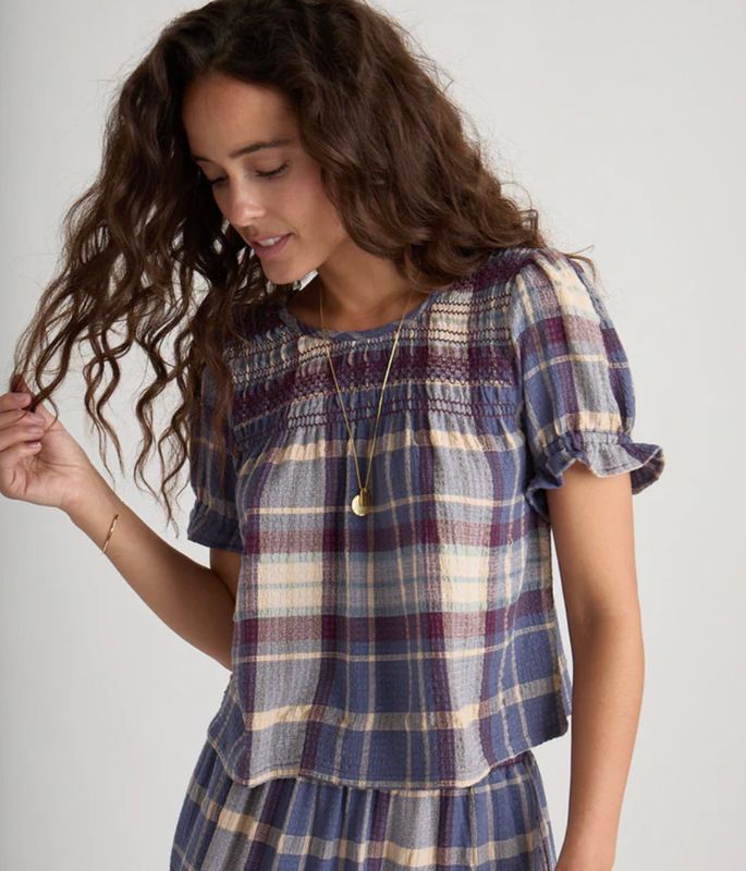 Elena Smocked Top - Dusty Blue Plaid