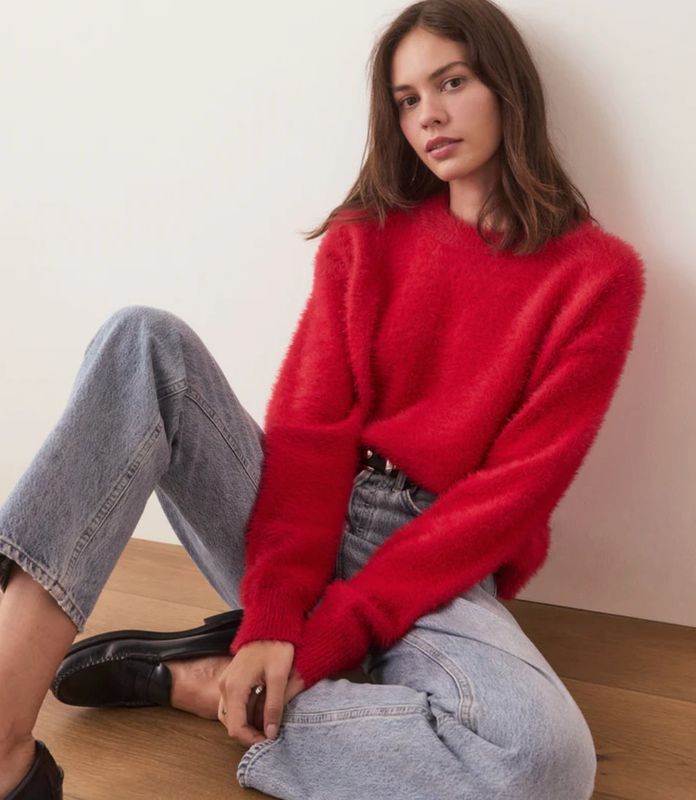 Marine Layer Eyelash Cropped Crewneck Sweater - Scarlet