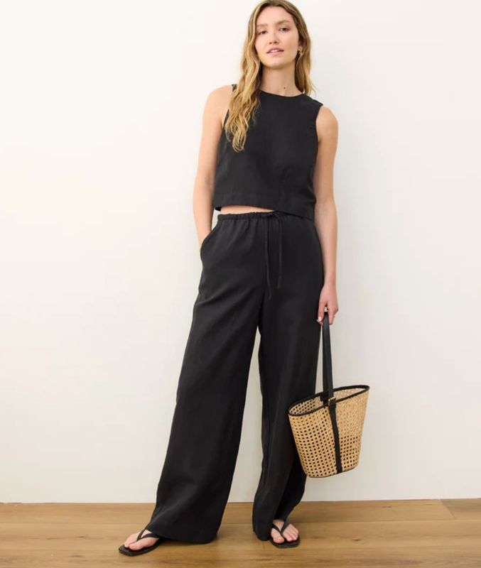 Marine Layer Linen Drawstring Wide Leg Pant in Black