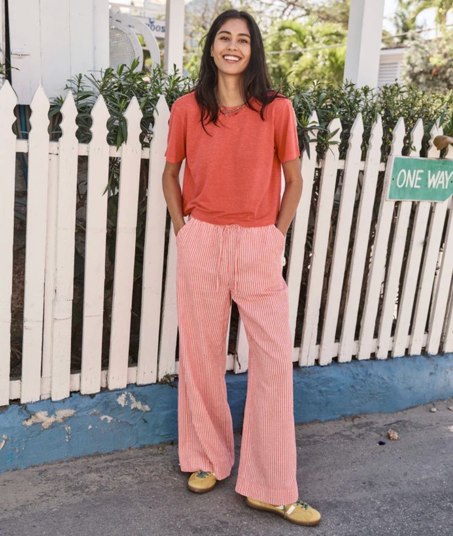 Seersucker Drawstring Wide Leg Pant in Hibiscus/Sand Stripe