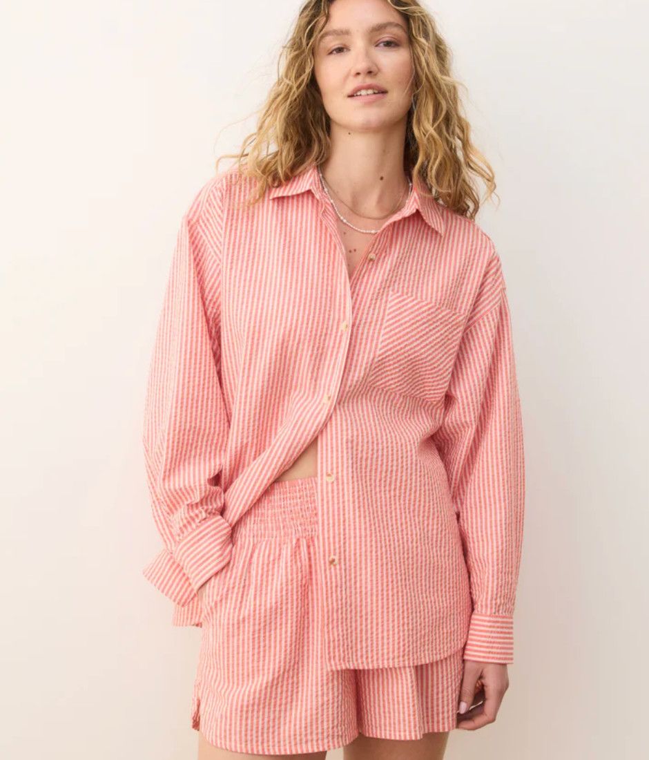 Gracey Oversized Seersucker Shirt in Hibiscus/Sand Stripe