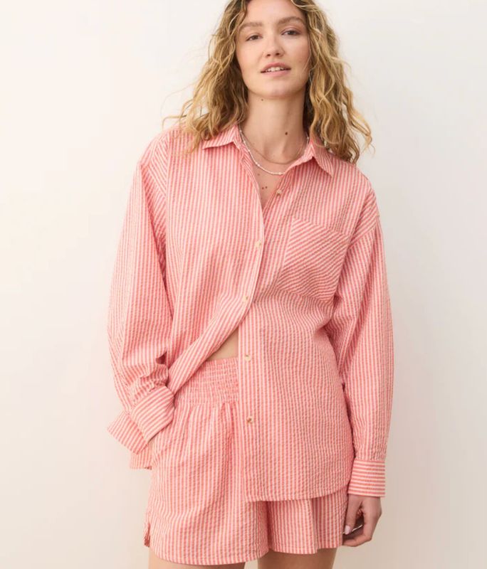 Gracey Oversized Seersucker Shirt in Hibiscus/Sand Stripe