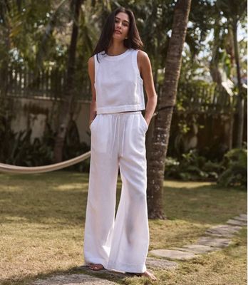 Marine Layer Linen Drawstring Wide Leg Pant in Bright White