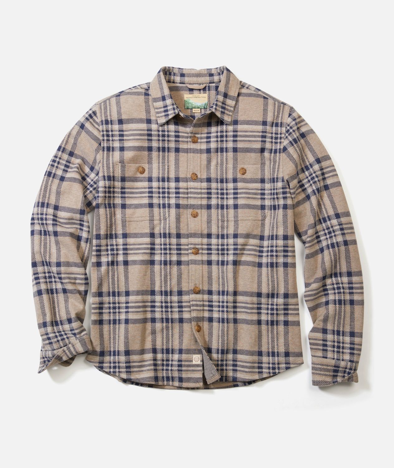 Marine Layer Pacifica Stretch Twill Overshirt in Taupe Plaid