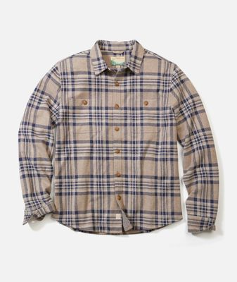 Marine Layer Pacifica Stretch Twill Overshirt in Taupe Plaid