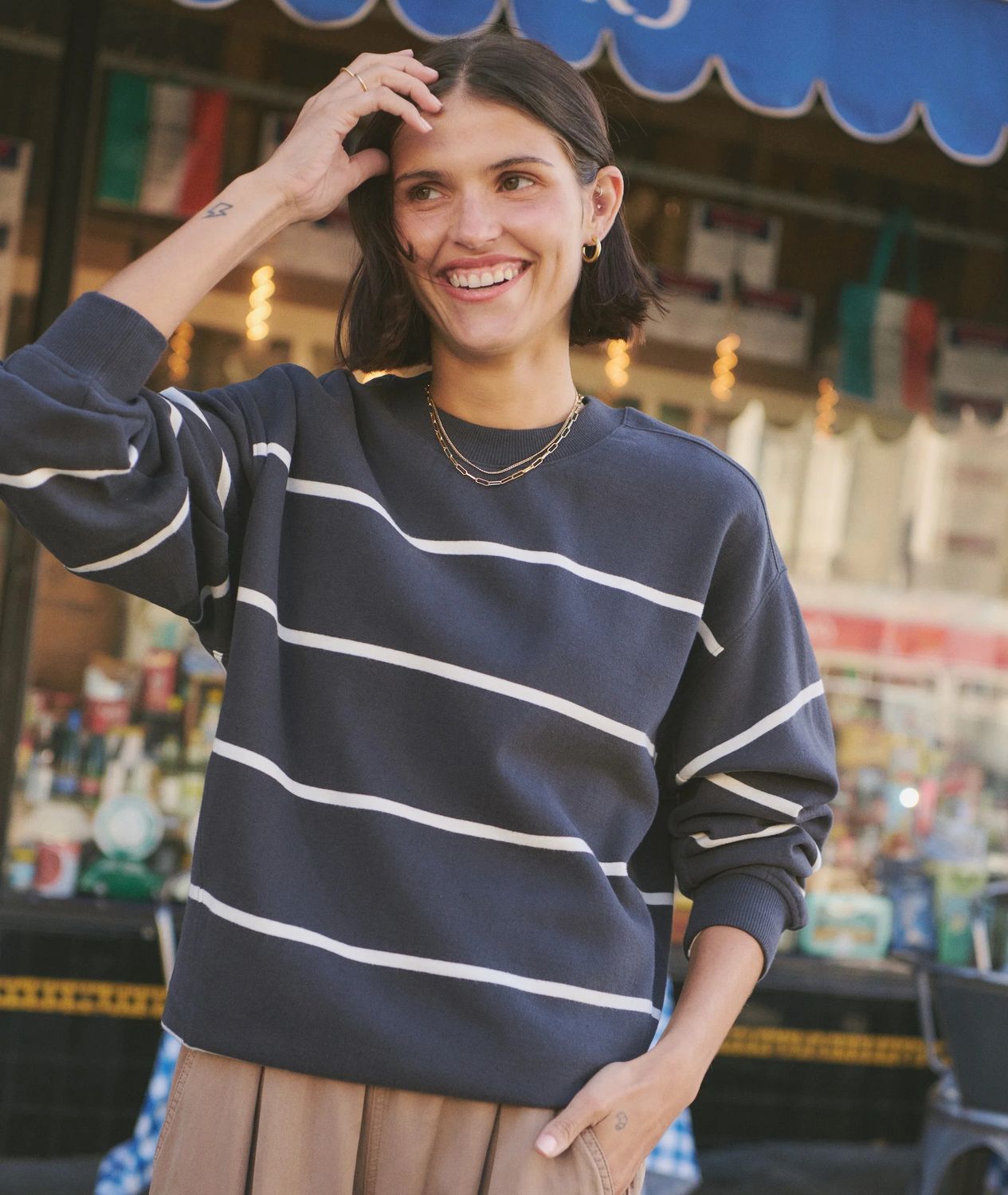 Marine Layer Cloud 9 Fleece Oversized Crewneck in Black/White Stripe
