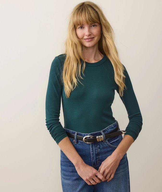 Lexi Rib Sun-In Longsleeve Crew Tee in Emerald