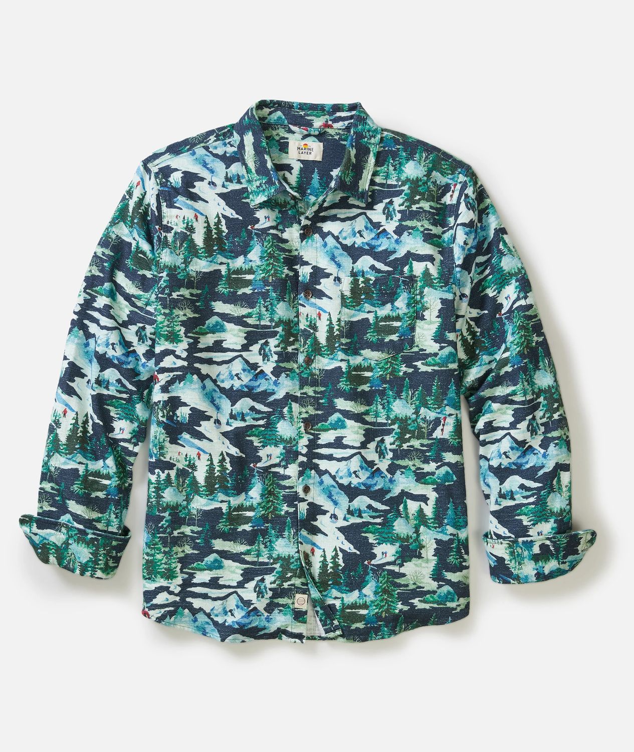 Marine Layer Fresh Tracks Stretch Selvage Shirt in Navy Ski Print
