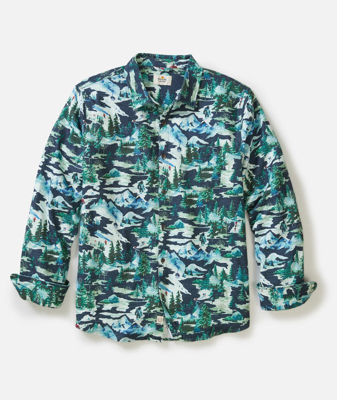 Marine Layer Fresh Tracks Stretch Selvage Shirt in Navy Ski Print