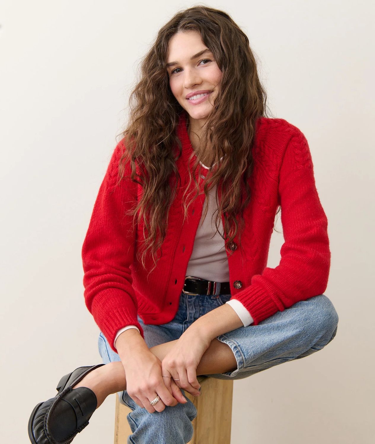 Marine Layer Everly Cable Knit Cardigan in Cherry Red