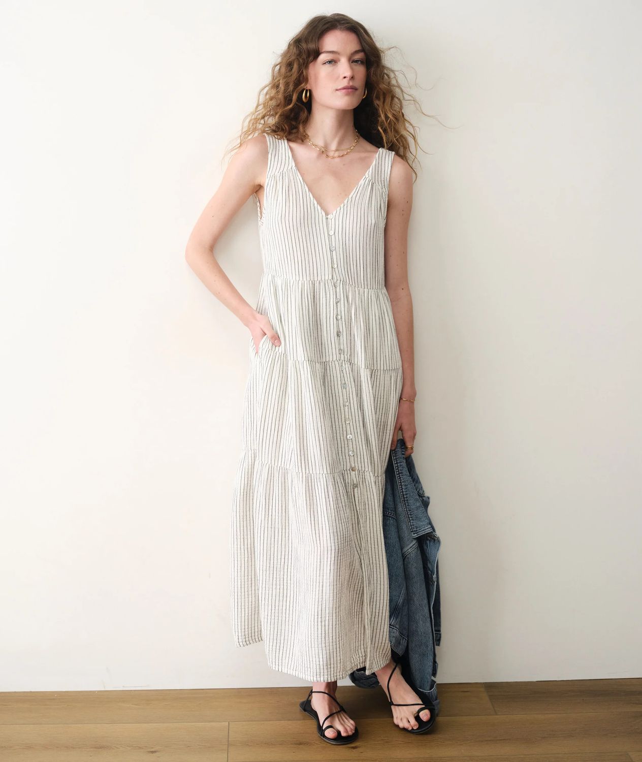 Marine Layer Corinne Maxi Dress in Black Mini Stripe