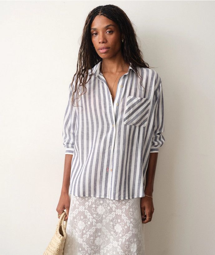 Marine Layer Jane Relaxed Linen Shirt in Navy and White Stripe