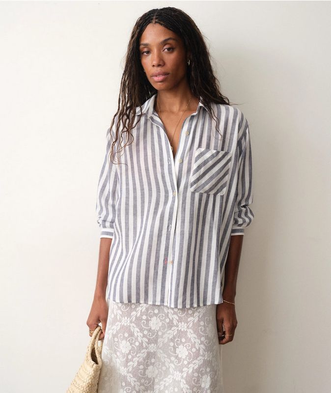 Marine Layer Jane Relaxed Linen Shirt in Navy and White Stripe