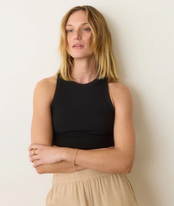 Marine Layer Lexi Rib Sun in High Neck Crop Tank in Faded Black