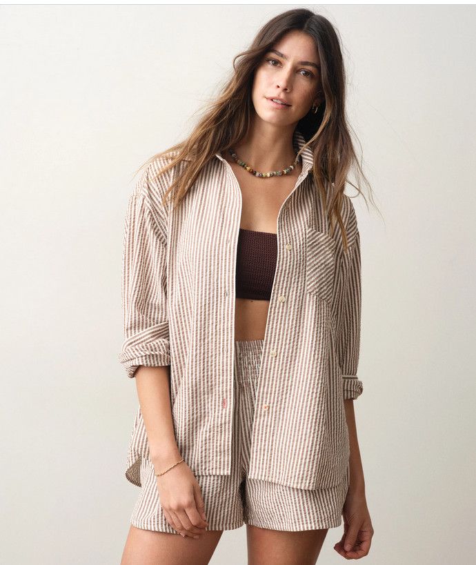 Marine Layer Gracey Oversized Seersucker Shirt in Mocha Stripe