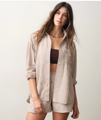 Marine Layer Gracey Oversized Seersucker Shirt in Mocha Stripe