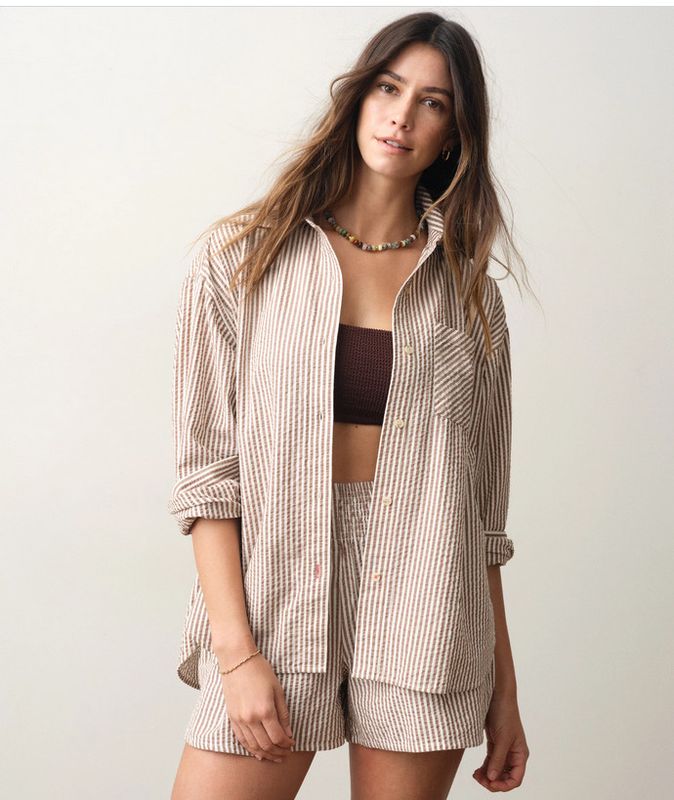 Marine Layer Gracey Oversized Seersucker Shirt in Mocha Stripe