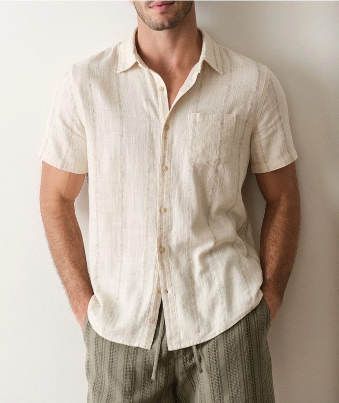 Marine Layer Classic Stretch Selvage Shirt in Cream Embroidery