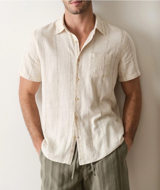 Marine Layer Classic Stretch Selvage Shirt in Cream Embroidery