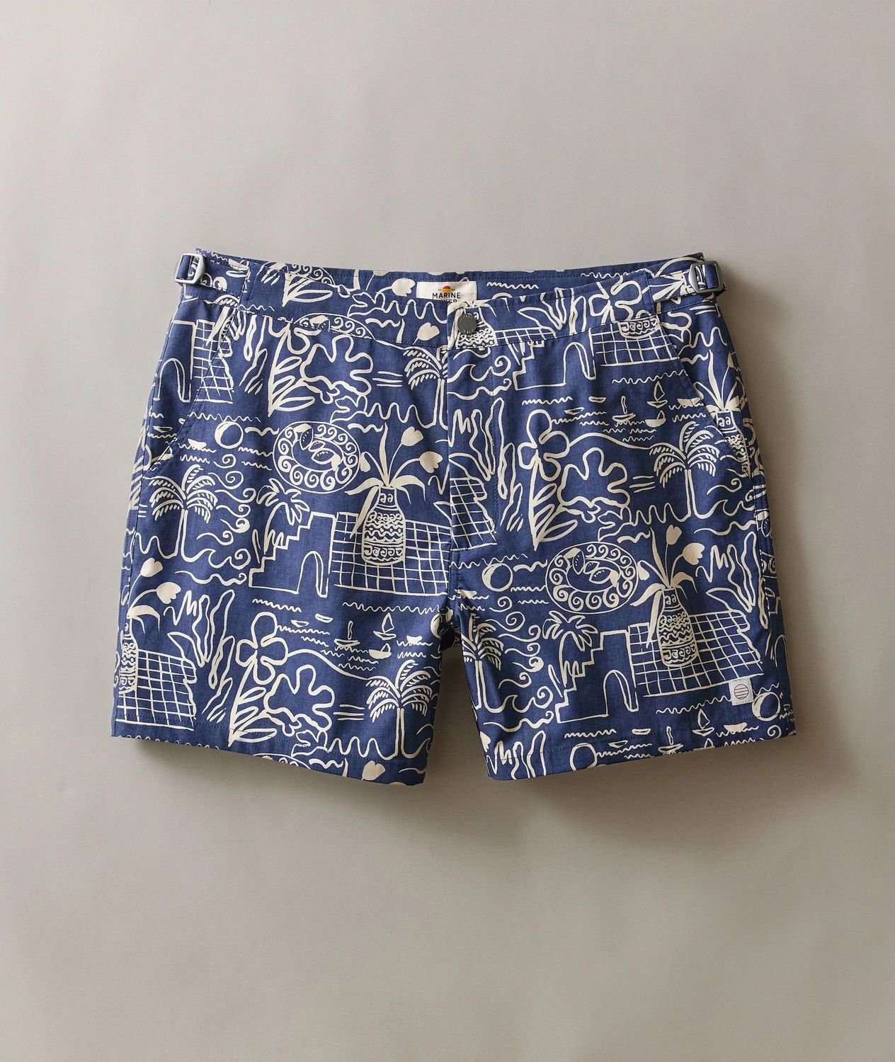Marine Layer 5" Tailored Swim Trunk in Navy/White Island Motif