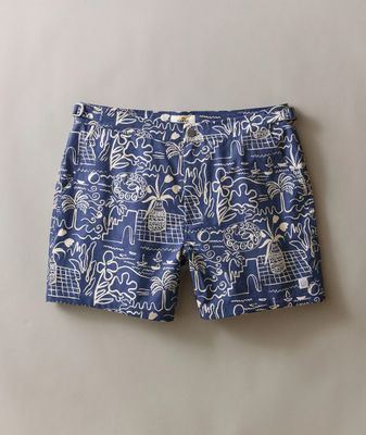 Marine Layer 5" Tailored Swim Trunk in Navy/White Island Motif