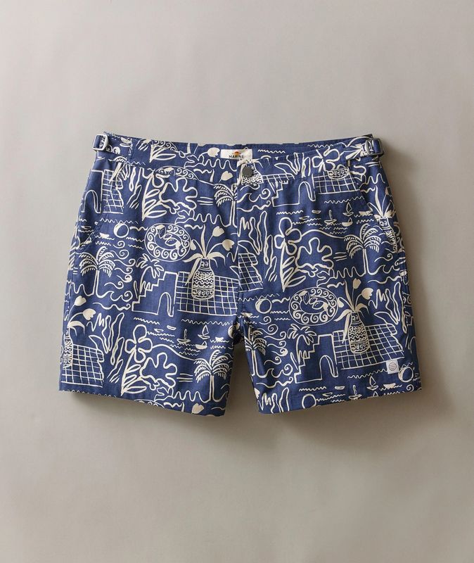 Marine Layer 5" Tailored Swim Trunk in Navy/White Island Motif
