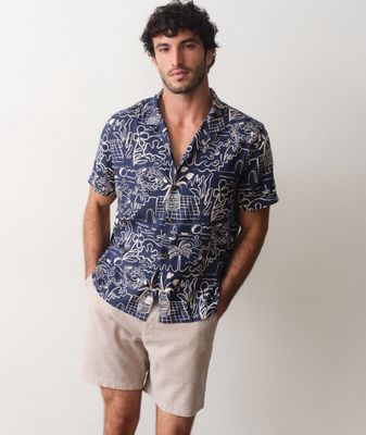 Pablo Tencel Linen Resort Shirt in Navy/White Island Motif