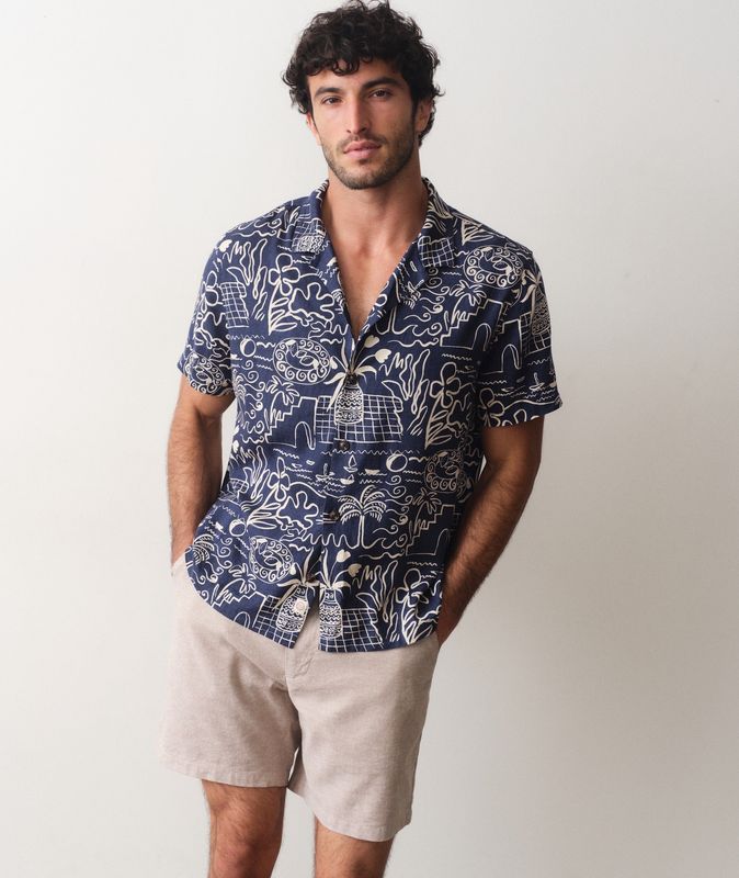 Pablo Tencel Linen Resort Shirt in Navy/White Island Motif