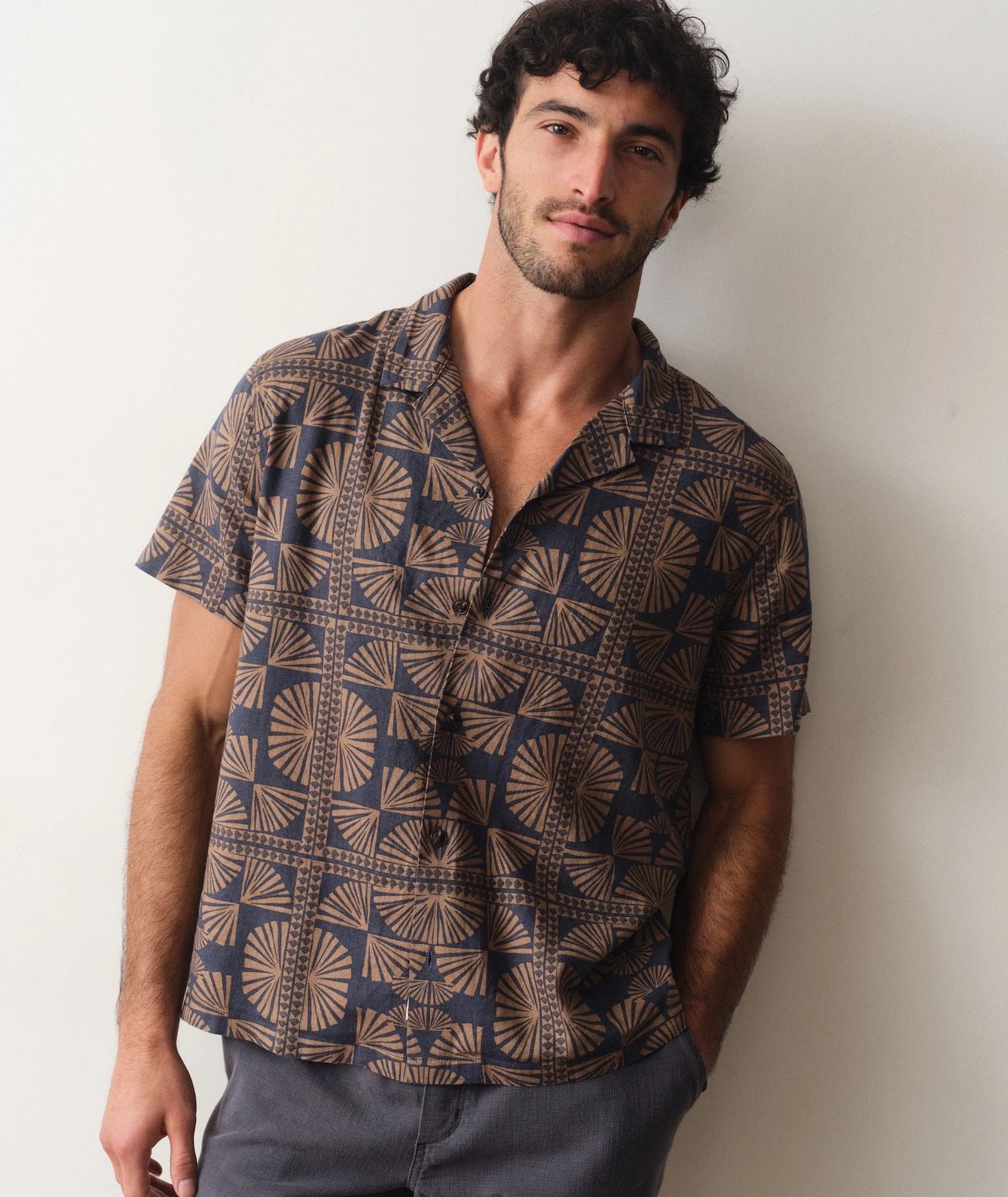 Pablo Tencel Linen Resort Shirt in Brown/Navy Geo Fan Print