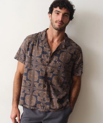 Pablo Tencel Linen Resort Shirt in Brown/Navy Geo Fan Print