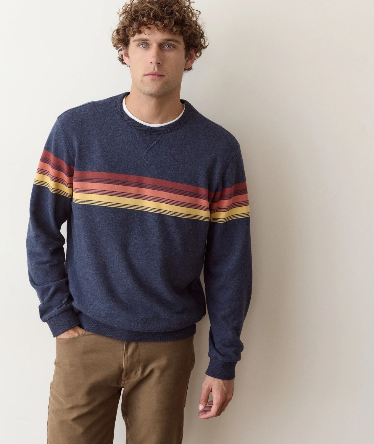 Marine Layer Mens Cloud 9 Terry Crewneck - Navy Sunset Stripe