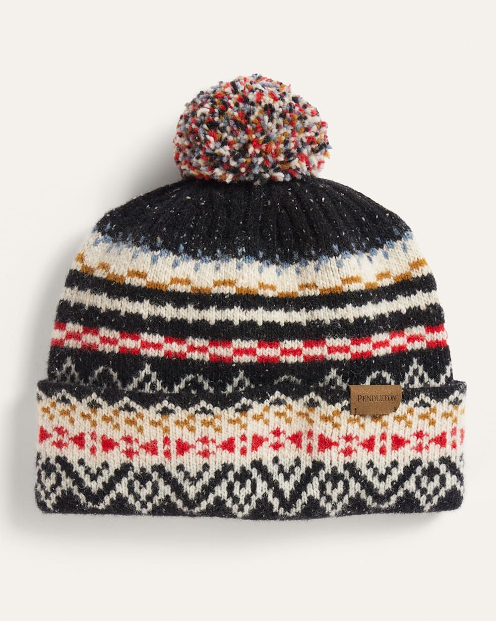 Pendleton Black Fair Isle Lambswool Beanie with Pom