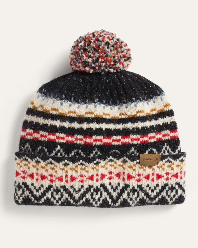 Pendleton Black Fair Isle Lambswool Beanie with Pom