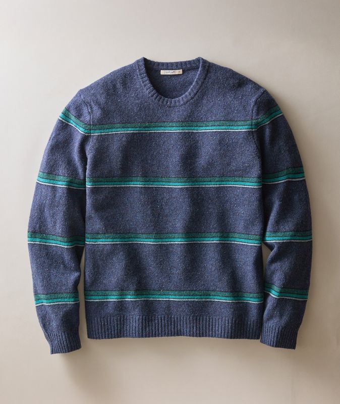 Marine Layer Merino Crew Sweater in Navy/Green Multi Stripe