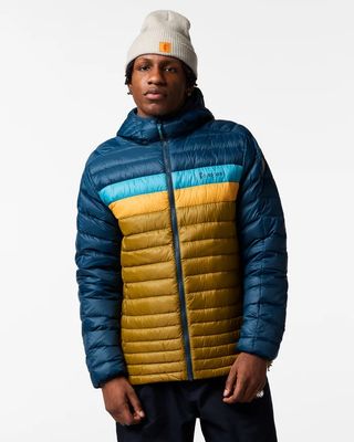 Cotopaxi Fuego Down Hooded Jacket in Indigo and Log Cabin
