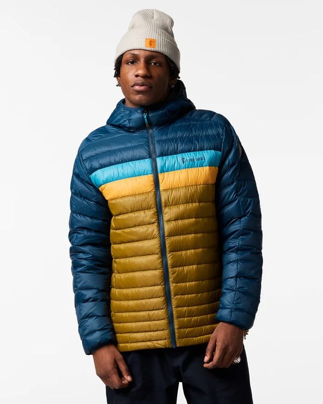Cotopaxi Fuego Down Hooded Jacket in Indigo and Log Cabin