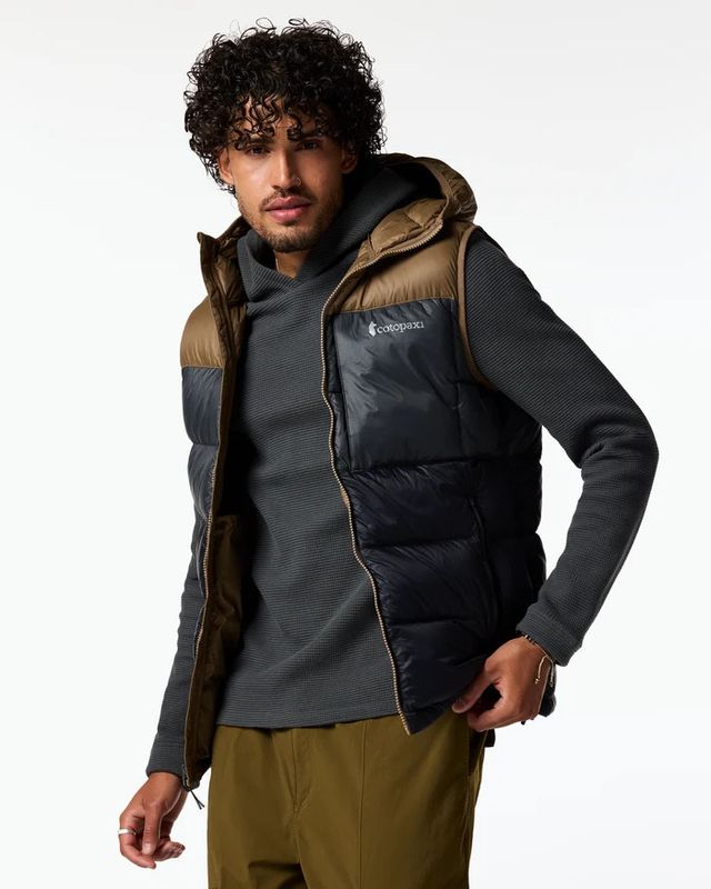 Cotopaxi Fuego Max Down Vest in Dune, Charcoal and Black