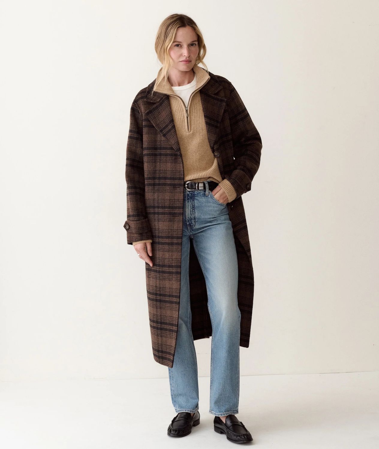 Marine Layer Colette Wool Top Coat in Brown/Black Plaid