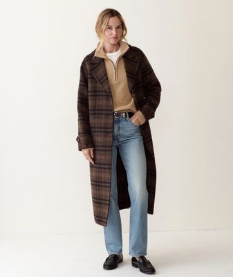 Marine Layer Colette Wool Top Coat in Brown/Black Plaid