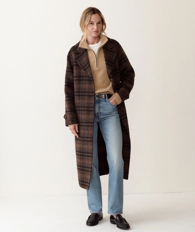 Marine Layer Colette Wool Top Coat in Brown/Black Plaid