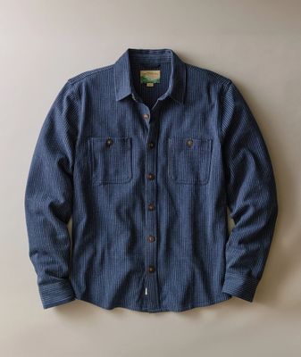 Marine Layer Pacifica Stretch Twill Overshirt in Navy Railroad Stripe