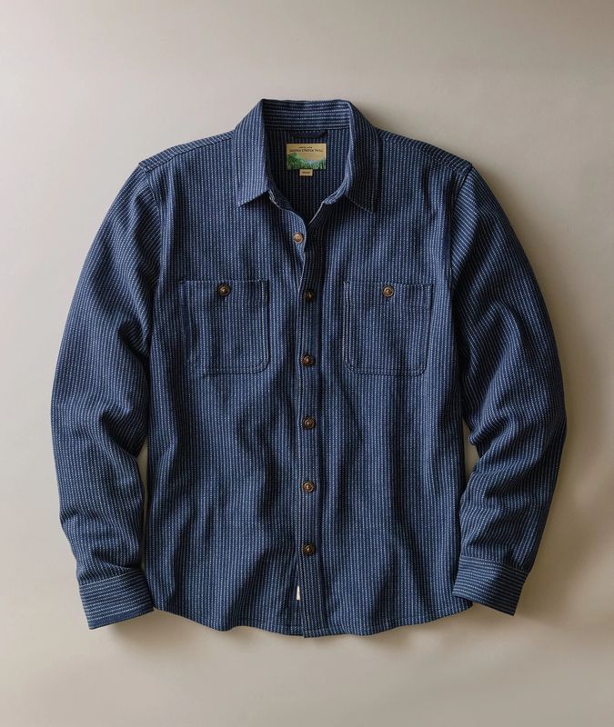 Marine Layer Pacifica Stretch Twill Overshirt in Navy Railroad Stripe