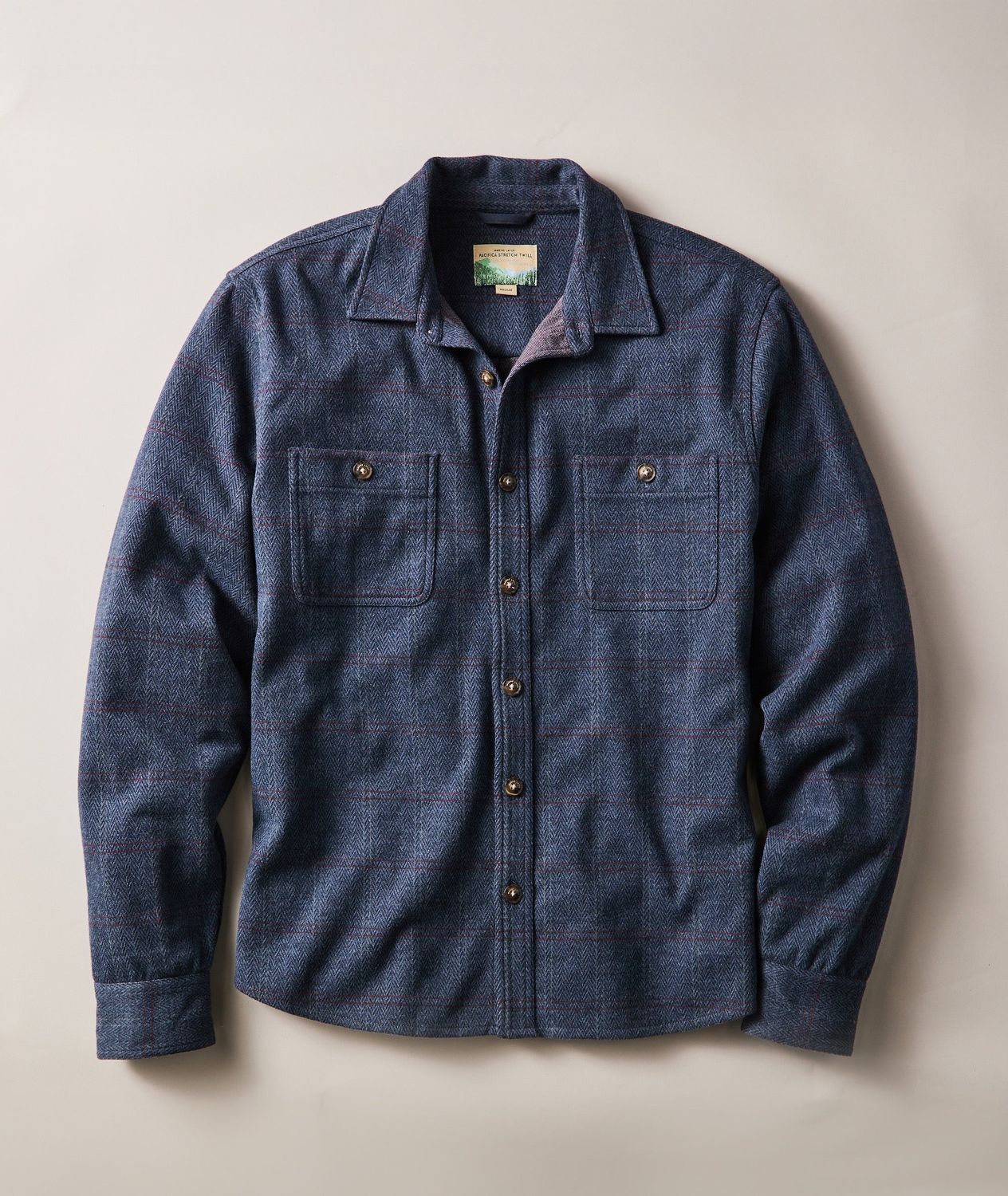 Marine Layer Pacifica Stretch Twill Overshirt in Navy Plaid Herringbone
