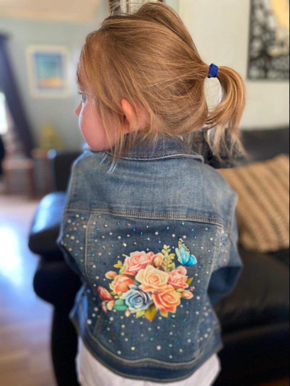 Girls Floral Bouquet Denim Jean Jacket Tee Shirt Set